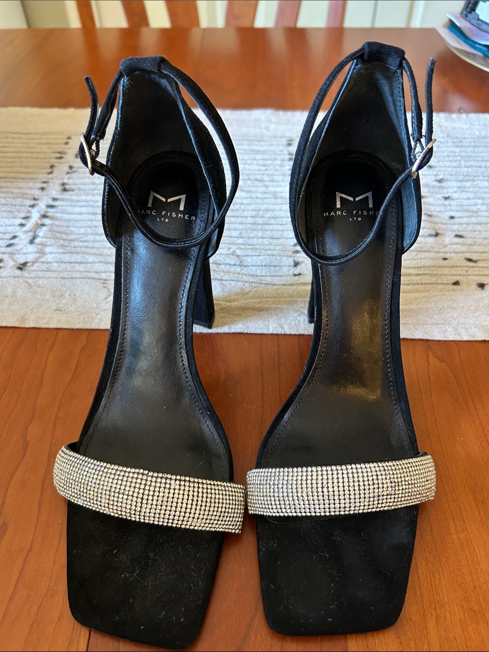 Marc Fisher Black Suede Ankle-Strap Heels with Crystal Band